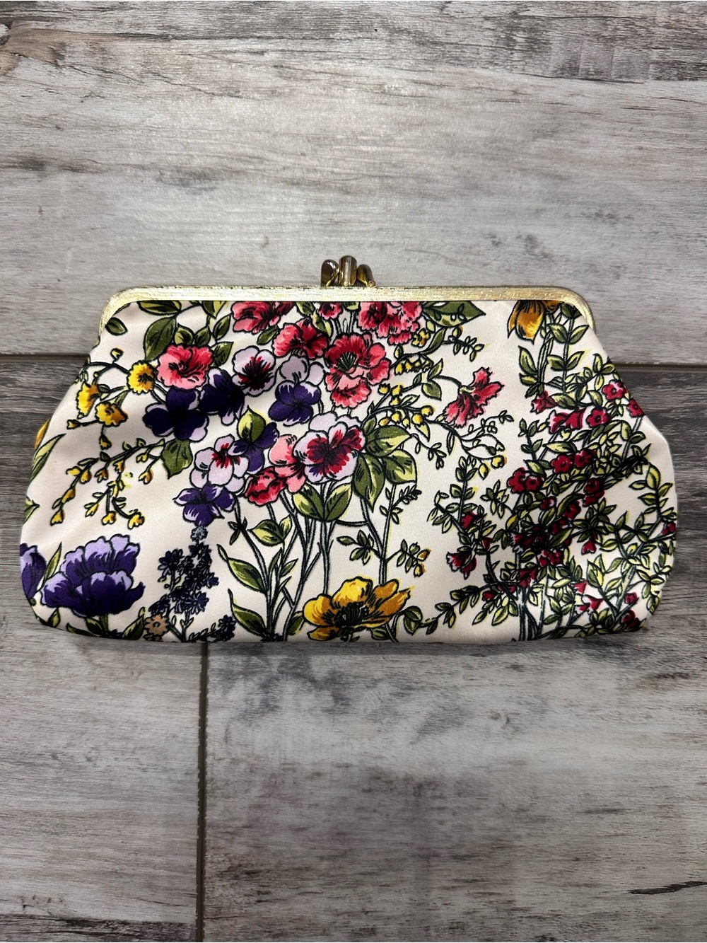 Floral Kiss-Lock White Clutch with Gold Frame
